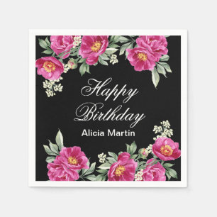 Serviette En Papier Chic rose Violet Peony Floral Noir Anniversaire