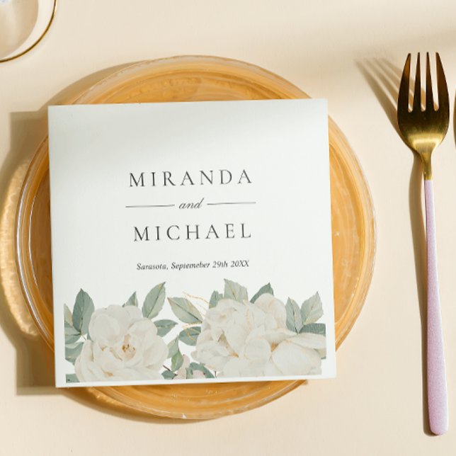 Serviette En Papier CHIC ROSES BLANCHES FLEURS Monogramme botanique (Créateur téléchargé)