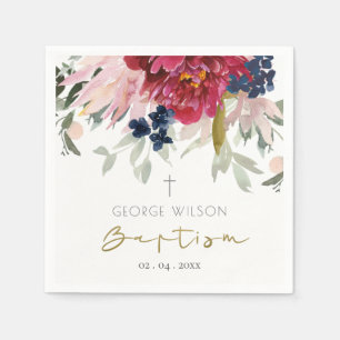 Serviette En Papier Chic Rouge Bourgogne Bleu Bleu Or Floral Baptême