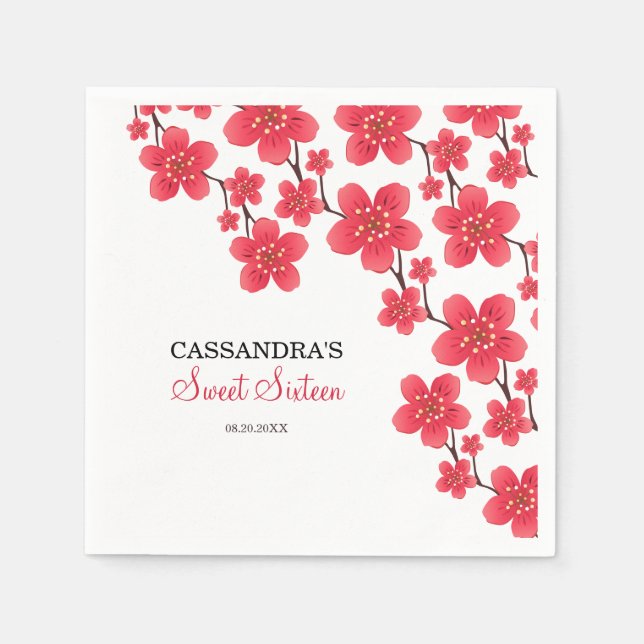 Serviette En Papier Chic rouge cerisier fleurs florales Anniversaire b (Devant)
