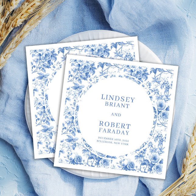 Serviette En Papier Chic Royal Blue Toile Roses Personalized Wedding  (Chic Royal Blue Toile Roses Personalized Wedding Napkins)