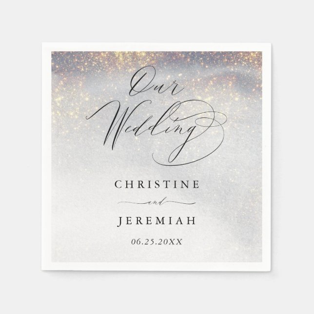 Serviette En Papier Chic Silver Gold Sparkle Aquarelle Mariage de luxe (Devant)