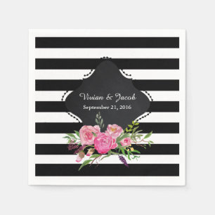 Serviette En Papier Chic Stripes et Peonies Mariage Napkin