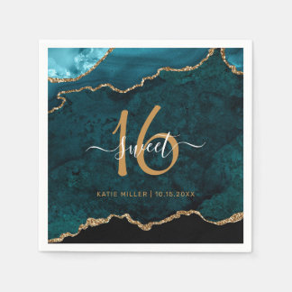 Serviette En Papier Chic Sweet 16 Turquoise Gold Agate Nom personnalis