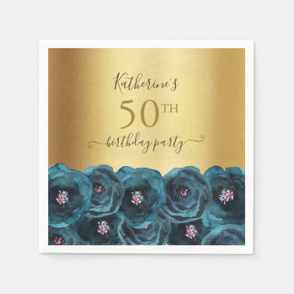 Serviette En Papier Chic Teal Rose Floral Gold 50th Birthday Party