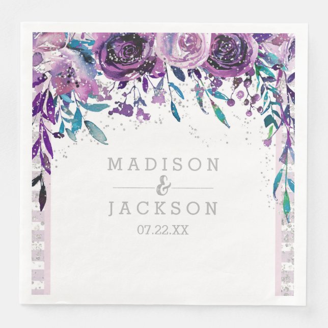 Serviette En Papier Chic violet floral et Mariage argenté (Devant)