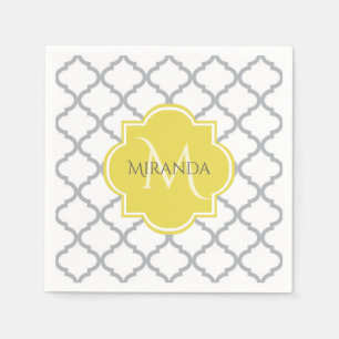 Serviette En Papier Chic White Grey Quatrefoil Yellow Monogramme Nom