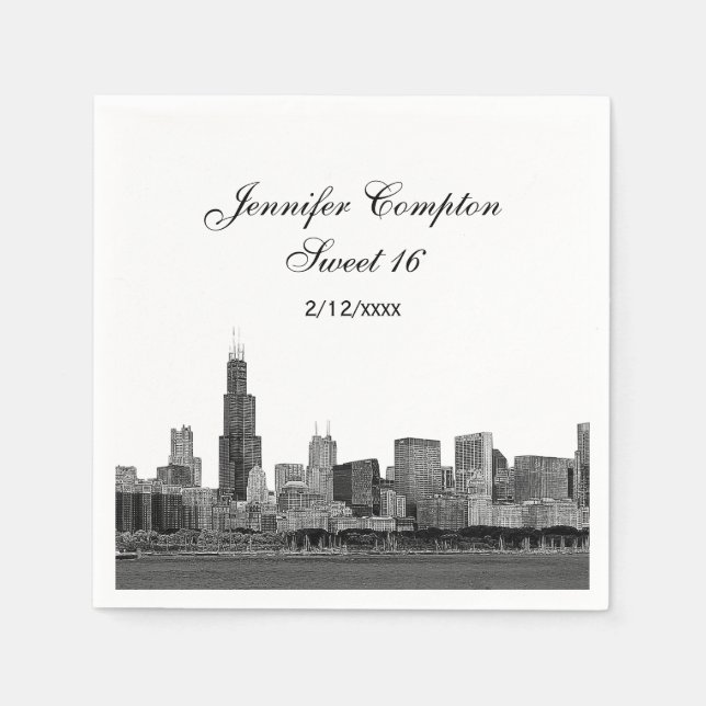 Serviette En Papier Chicago Etched Look Skyline Sweet 16 (Devant)