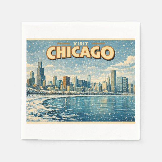 Serviette En Papier Chicago skyline and Lake Michigan in winter  (Devant)