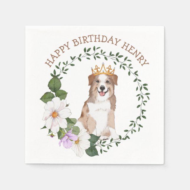 Serviette En Papier Chien Avec Couronne Florale Anniversaire (Devant)