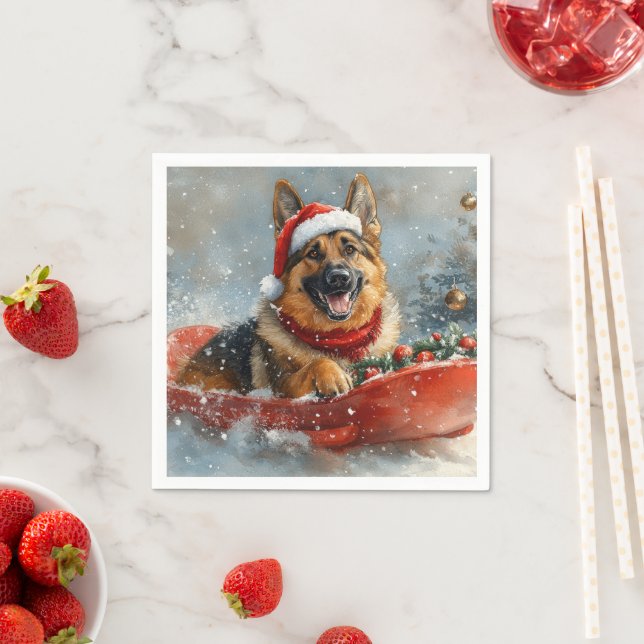 Serviette En Papier Chien berger allemand en neige dorée Noël (En situation)