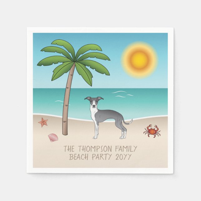 Serviette En Papier Chien Blanc Et Bleu À L'Iggy Sur Une Plage Tropica (Devant)