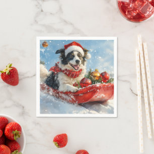 Serviette En Papier Chien Border Collie en traîneau Laissez neige Noël