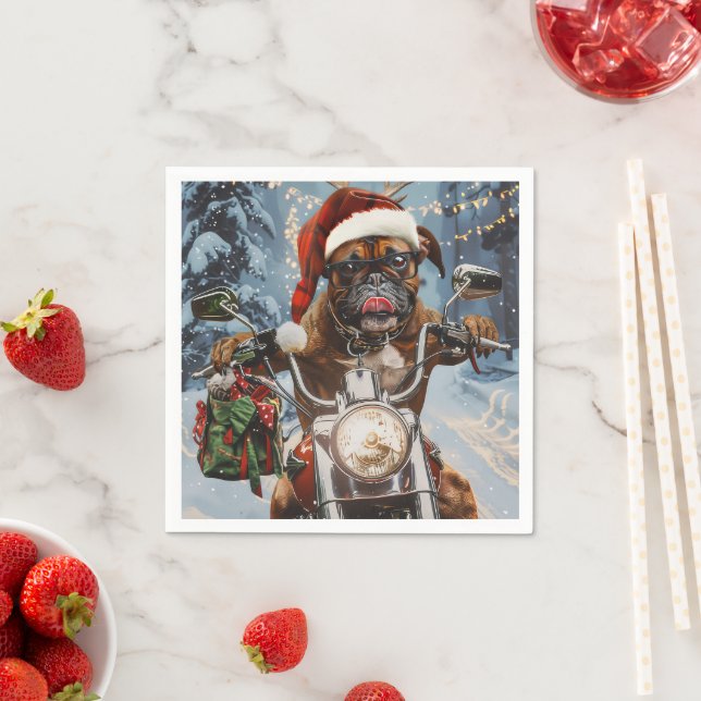 Serviette En Papier Chien Boxer à moto Noël  (En situation)