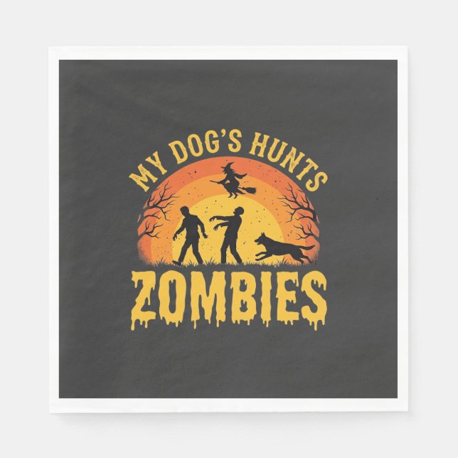 Serviette En Papier Chien Chasse Les Zombies Design Halloween (Devant)