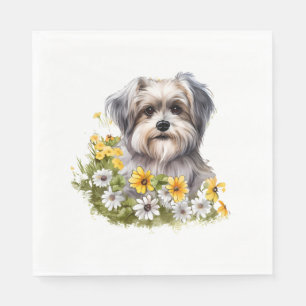 Serviette En Papier Chien dans un jardin fleuri