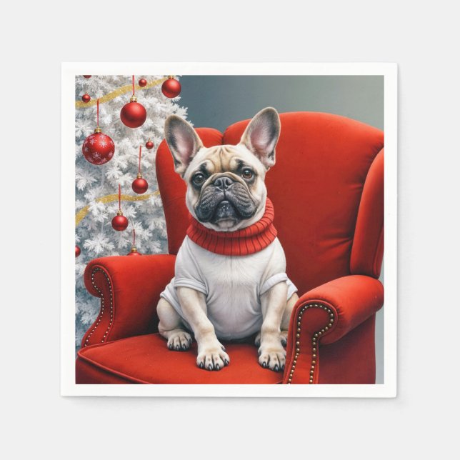Serviette En Papier Chien de taureau français de Noël sur une chaise r (Devant)