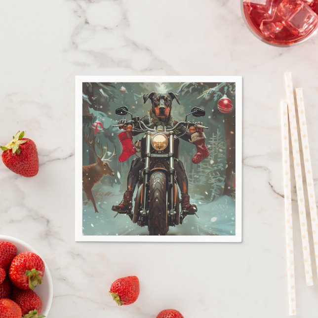 Serviette En Papier Chien Doberman à moto Noël (En situation)