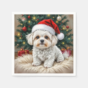 Serviette En Papier Chien maltais de Noël sur un Coussin à fourrure