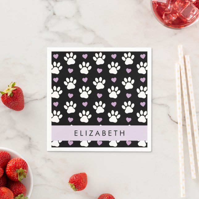 Serviette En Papier Chien Paws, White Paws, Lilac Hearts, Votre Nom (En situation)