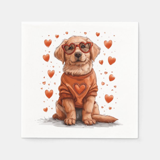 Serviette En Papier Chien Retriever doré de la Saint-Valentin (Devant)