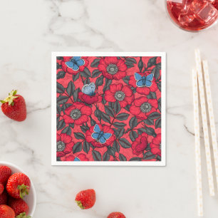 Serviette En Papier Chien rose et papillons en rouge et bleu