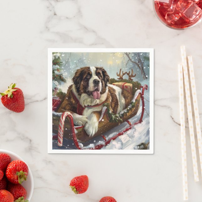 Serviette En Papier Chien Saint-Bernard Noël Festif (En situation)