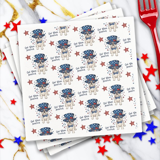 Serviette En Papier Chien-taureau français Whimsical Patriotique Rouge (French Bulldog Whimsical Patriotic Red White Blue Napkins)