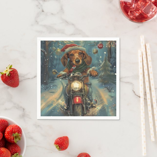 Serviette En Papier Chien teckel à moto Noël (En situation)