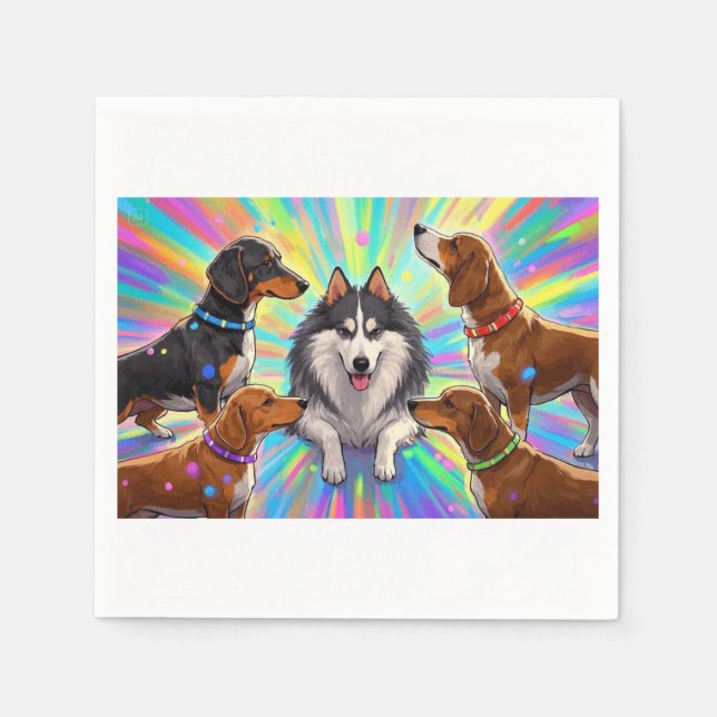 Serviette En Papier Chiens Chiots avec fond arc-en-ciel (Devant)