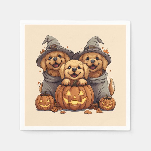 Serviette En Papier Chiens de l'Halloween Golden Retriever Jack-o'-lan (Devant)