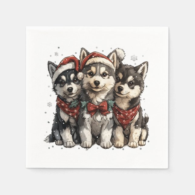 Serviette En Papier Chiens Husky de Noël (Devant)