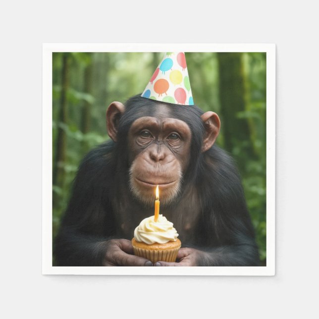 Serviette En Papier Chimpanzé tenant un gâteau d'anniversaire (Devant)
