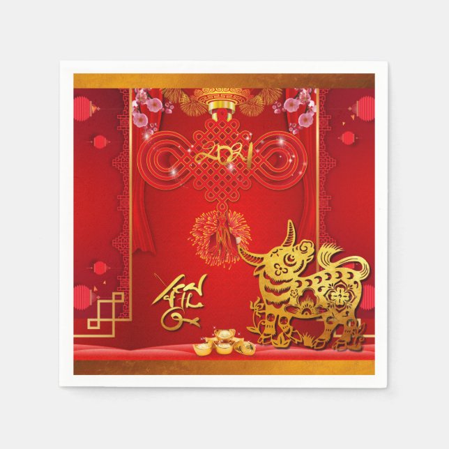 Serviette En Papier Chine rouge noeud Ox Année 2021 PN (Devant)