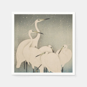 Serviette En Papier Chinoiserie Aigrette Blanche Motif Neige d'Hiver