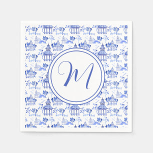 Serviette En Papier Chinoiserie Aquarelle Pagode Motif Monogramme