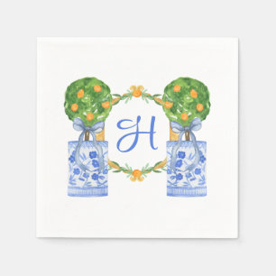 Serviette En Papier Chinoiserie Aquarelle Topiaire Monogramme Citron