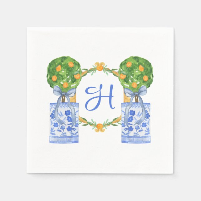 Serviette En Papier Chinoiserie Aquarelle Topiaire Monogrammé Citron (Devant)