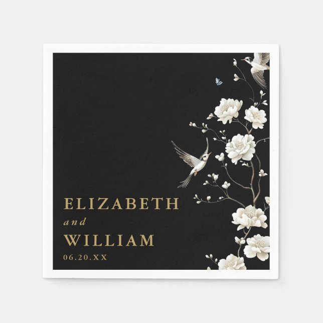 Serviette En Papier Chinoiserie Black Et Gold Jardin Floral Mariage (Devant)