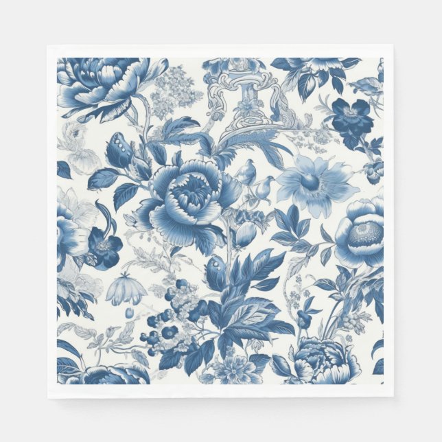 Serviette En Papier Chinoiserie Bleu et Blancs Fleurs florales (Devant)