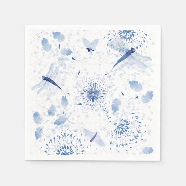 Serviette En Papier Chinoiserie Bleue Libellule Floral (Devant)