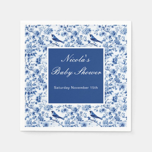 Serviette En Papier Chinoiserie Blue Birds and Flowers Baby Shower (Devant)