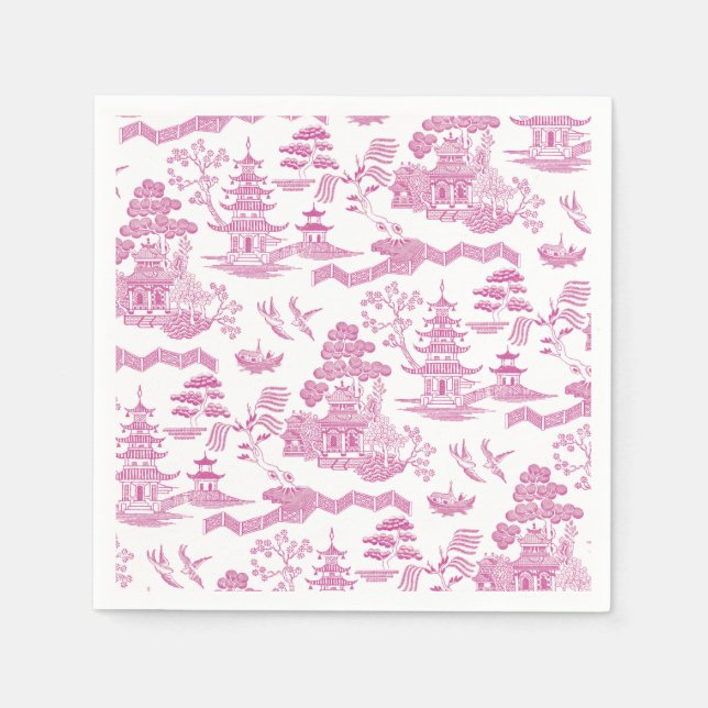 Serviette En Papier Chinoiserie Blue Willow en rose (Devant)