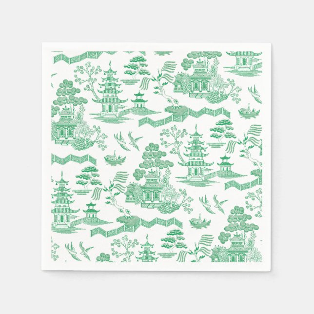 Serviette En Papier Chinoiserie Blue Willow en vert (Devant)
