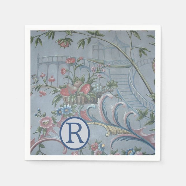 Serviette En Papier Chinoiserie Chine Bleu Floral Monogram Jardin Rose (Devant)
