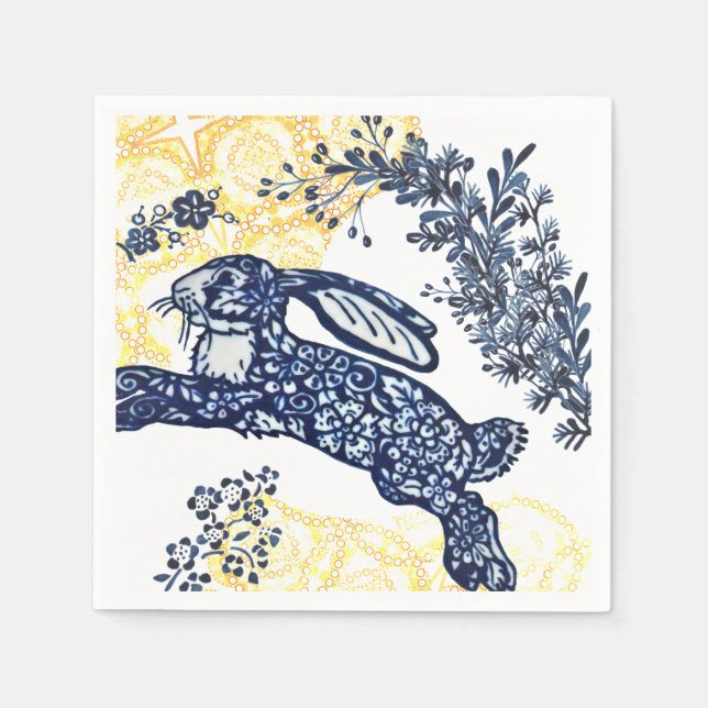 Serviette En Papier Chinoiserie de Rabbit bleu Oriental (Devant)