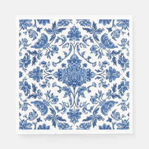Serviette En Papier Chinoiserie Florale Bleue Aquarelle Blanche