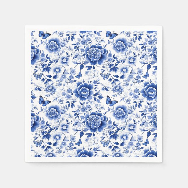 Serviette En Papier Chinoiserie florale bleue et blanche (Devant)
