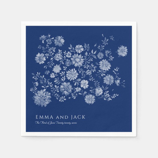 Serviette En Papier Chinoiserie Navy Blue Wildflower Bouquet Wedding (Devant)