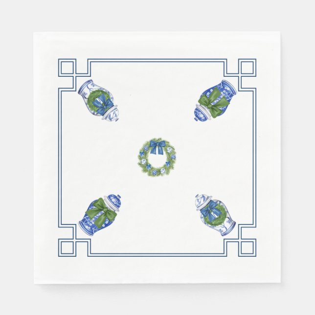 Serviette En Papier Chinoiserie Noël Bleu et Blanc (Devant)
